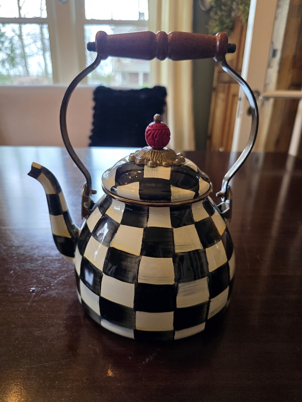 MacKenzieChilds Hand-Painted Black & White Courtly Check Teapot with Wood Handle